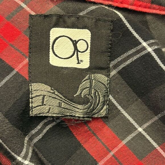 Ocean Pacific Plaid Long Sleeve Button Down Red Black Size Large - Picture 2 of 5